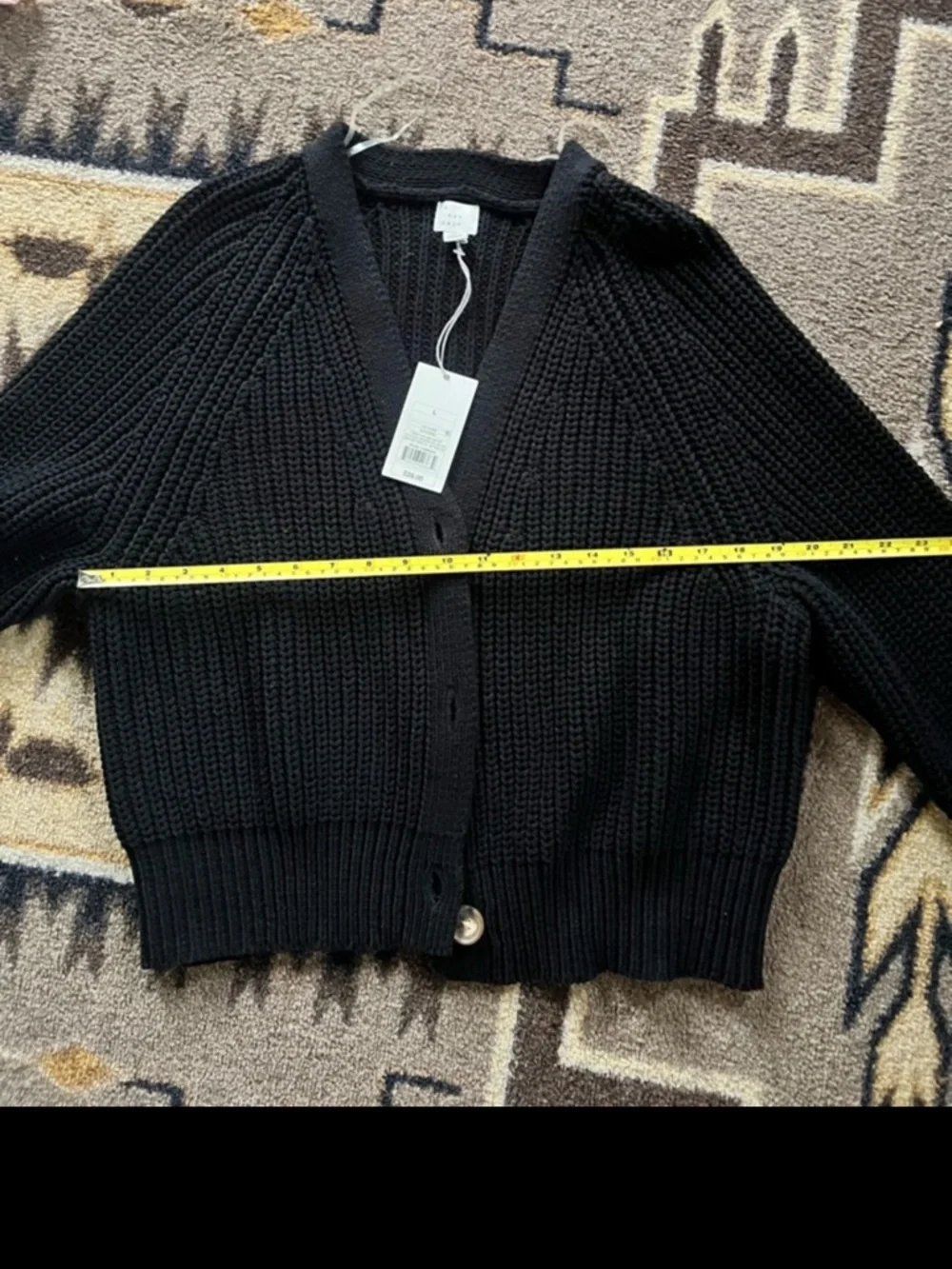 Black Ribbed V-Neck Button Cardigan Sweater, L - Picture 4 of 4